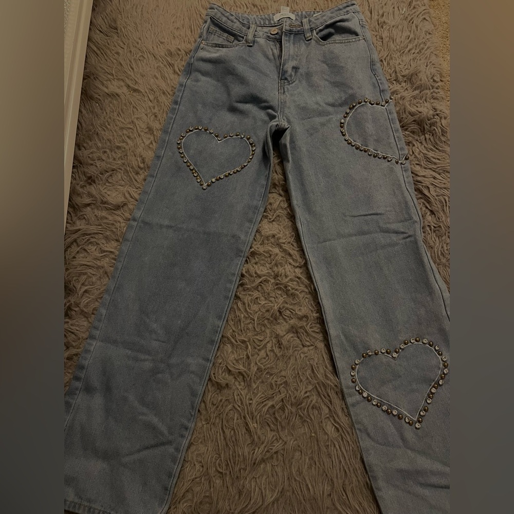 Forever 21 Blue Studded Heart Flare Jeans